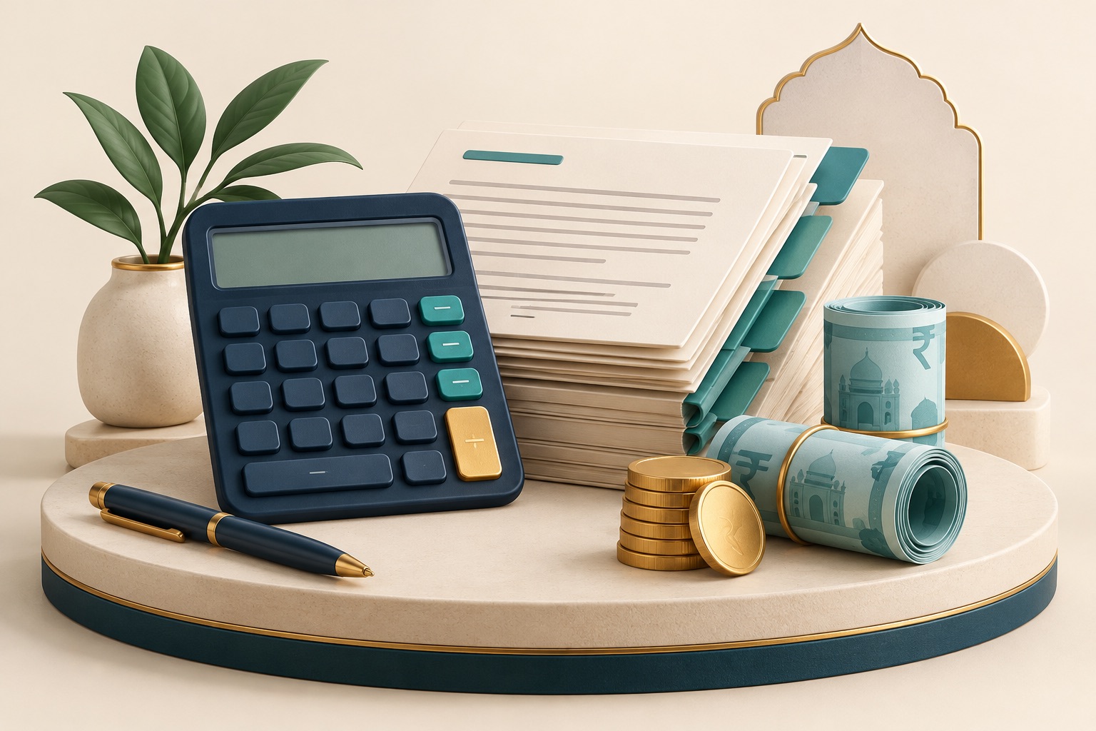 Editorial illustration of a calculator, rupee notes and organised tax papers